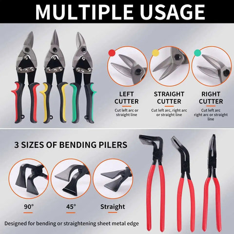 Diagram of Six In One Sheet Metal Tool Set Pro Grade Heavy Duty Bending And Cutting Kit with large image of three tin snips and seamers