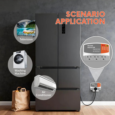 Three Outlet Refrigerator Surge Protector Wall Plug With Automatic Voltage Protection For Fridge AC And Washer 1800W 120V 15A shown with connected appliances.