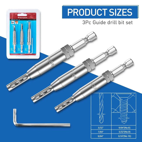 3 Piece Self Centering Hinge Tapper Core Drill Bit Set For Woodworking With No 6 No 8 No 10 Bits, One Quarter Inch Hex Shank HSS Drill Bits