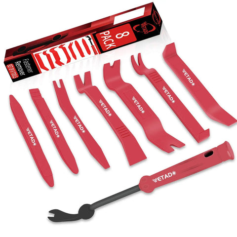 Trim Removal Tool Set For Car Interior Pro Grade 8 Piece Red Pliers Kit for door panels, fasteners and upholstery repair, ergonomically designed.