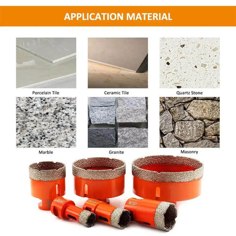 Six Piece Dry Diamond Core Drill Bits Set For Porcelain Tile Ceramic Marble Brick Hole Saw Sizes 20mm 25mm 35mm 50mm 75mm 100mm Fast Clean Drilling And Smooth Cuts image showing drill bits with application materials