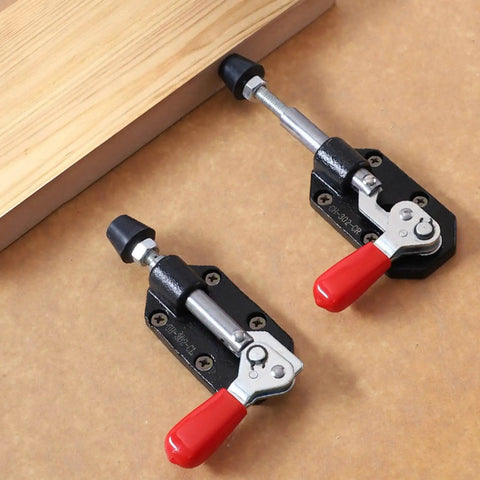 Two Pack Toggle Clamp With Quick Release Push Pull Action For Woodworking Jigs And Fixtures Pocket Hole Jigs Welding CNC DIY Pro Grade Heavy Duty Positioning Jigs Left And Right Twenty Millimeter Stroke close-up on workbench