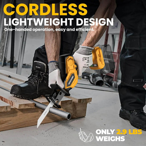 Worker using Cordless Reciprocating Saw Kit For 20V Max Battery, Brushless Motor With 3 Speed Settings 0-3500 SPM on PVC pipe