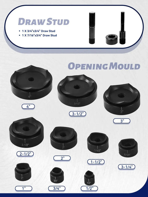Hydraulic Knockout Punch Kit for Electrical Conduit Hole Cutting, draw studs and 10 die sets labeled by size from 1/2 to 4 inch