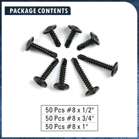 Self Drilling TEK Screws Set For Sheet Metal Number Eight 410 Stainless Steel With Black Dacromet Coating, 150 pieces