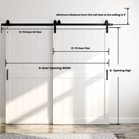 Space Saving Double MDF Sliding Barn Doors 48x96 With 8ft Bypass Hardware Kit, Waterproof, Easy Install, Fits 84-88 Inch Openings, White Finish