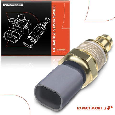 A-Premium engine coolant temperature sensor with gray plastic body and brass threaded connector, shown with packaging.