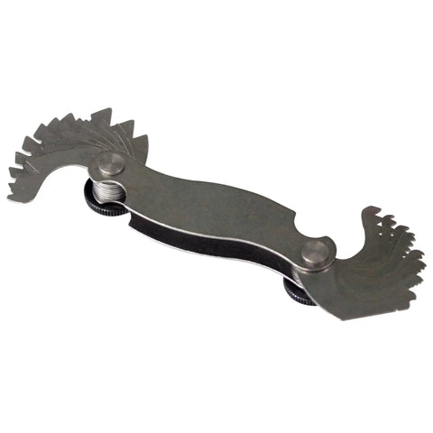 Screw Pitch Gauge Set With 18 Leaves 0.5 To 7.0 Mm Pitch Metric Thread Gage Tool in hardened steel, side view of tool.