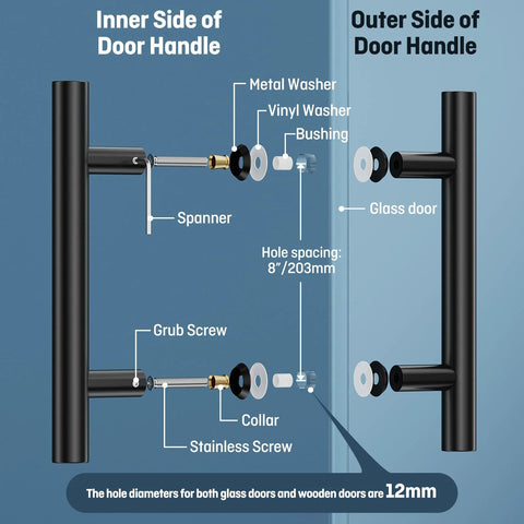 Diagram of Beefy Stainless Steel Back To Back Shower Door Handle For Glass And Barn Doors 12 Inch Length Double Sided Push Pull 304 Stainless Steel