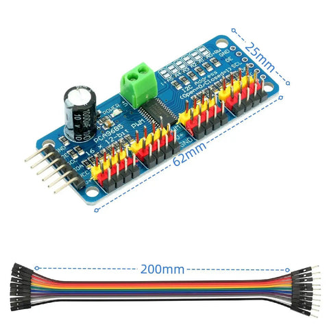 2 Pack PCA9685 16 Channel 12 Bit PWM Servo Controller Module With I2C Interface For Raspberry Pi And Arduino DIY Robotics Projects 5V to 10V Supply 40 to 1000 Hz Frequency Includes Dupont Wires