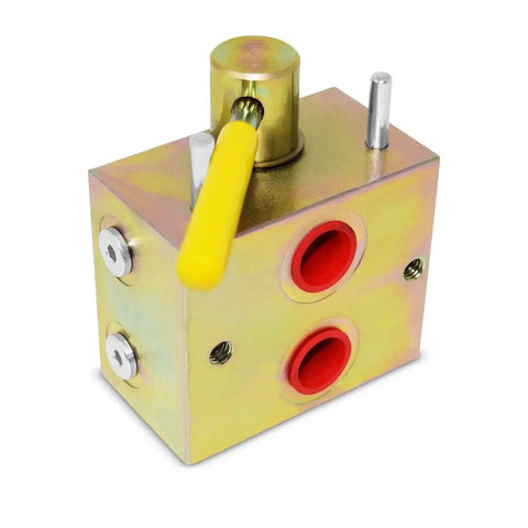 Manual Hydraulic Multiplier And SCV Splitter Diverter Valve, 45° yellow handle, 2 outlets, cube design, 20 GPM, 3000 PSI, Made in USA