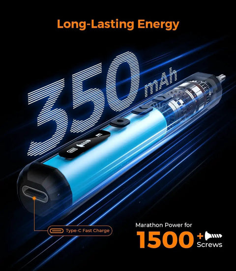 Image displaying 76in1 Mini Electric Screwdriver Set with 350mAh battery and Type-C charging port, highlighting long-lasting energy.