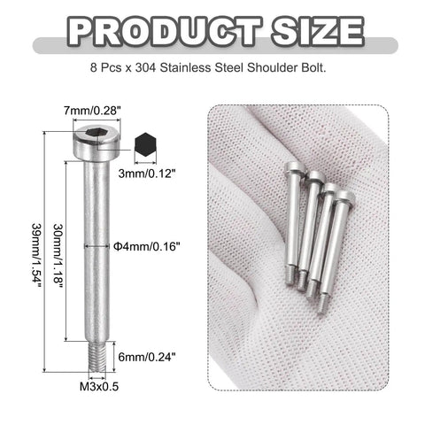 8 Pack 304 Stainless Steel Hex Socket Shoulder Bolts With 4mm Shoulder Diameter And 30mm Shoulder Length M3x0.5 Thread