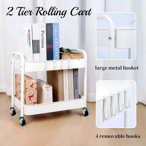 Two Tier Under Desk Storage Cart On Wheels With Built In Handle And Four Side Hooks, compact metal trolley with books and decor.
