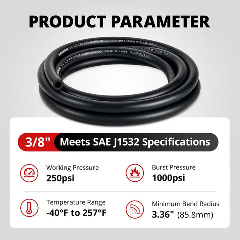 3/8-inch transmission oil cooler hose, black, 5 ft, 250 psi, SAE J1532