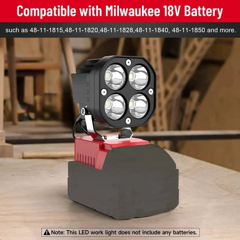 Cordless LED Work Light 40W 6000 Lumens 6500K for outdoors and job site use with 120 degree beam Milwaukee 18V battery compatible