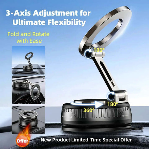 MagSafe Car Phone Mount With 360 Degree Rotatable Holder Rock Solid Vacuum Suction Up To 180 Lbs Nano Gel Grip shown in 3-axis adjustment position.