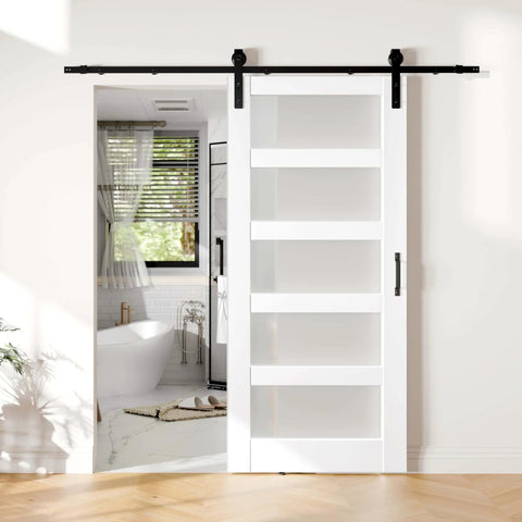 Glass Sliding Barn Door 36 By 84 Inches Five Panel Frosted Glass, Sturdy MDF Build, Installed in Bathroom, Space Saving Interior Door