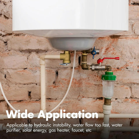 VAV pressure relief valve with blue-handled brass body under water heater; copper piping and a green filter housing visible.