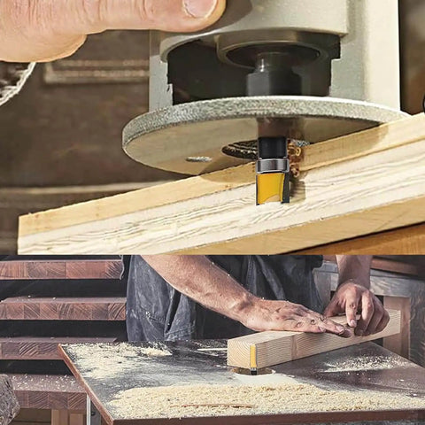 Flush Trim Router Bit Set With Top Bearing Four Piece Kit One Quarter Inch Shank Cutting Lengths Half Inch Three Quarter Inch One Inch And One Half Inch Template Guide For Woodworking Milling Cutter Tool For Plywood Hardwood Softwood in use with router and wood surface