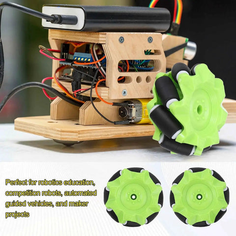Versatile Mecanum Wheel Set For Smart Robot Cars And DIY Models With Hex Pins And Screws 58mm Green in action on a wooden model
