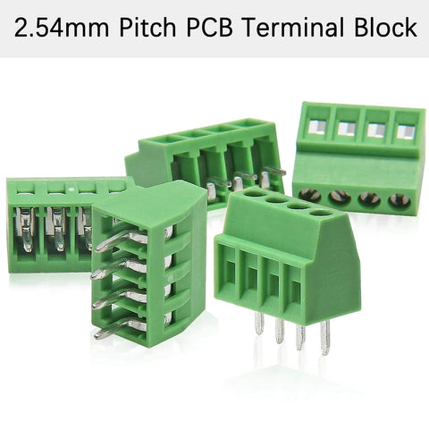4-Pin 2.54mm Pitch PCB Terminal Block Screw Terminal Connector Kit, 150V 6A Mount, green connectors, brass pins visible