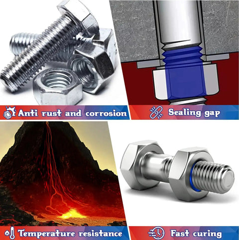 Blue And Red Thread Lock Set 50ml Each Medium Strength Blue And High Strength Red Thread Lock protecting bolts from corrosion.
