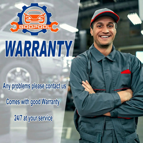 Mechanic in uniform standing with arms crossed next to warranty sign with contact and service information.