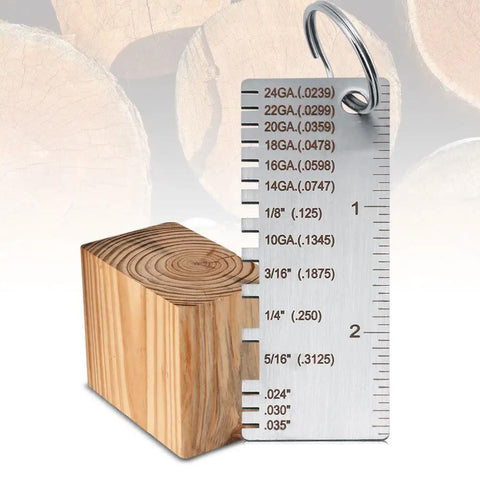 Stainless Steel Thickness Gauge For Welding And Metal Fabrication Pro Grade DIY Friendly Tool Measures 24GA 22GA 20GA 18GA 16GA 14GA On wood block