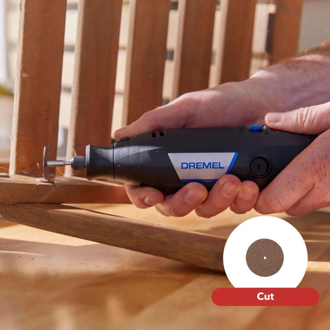 Person using Dope Variable Speed Rotary Tool Kit For DIY With 15 Accessories And 1 Attachment For Cutting Wood By Dremel