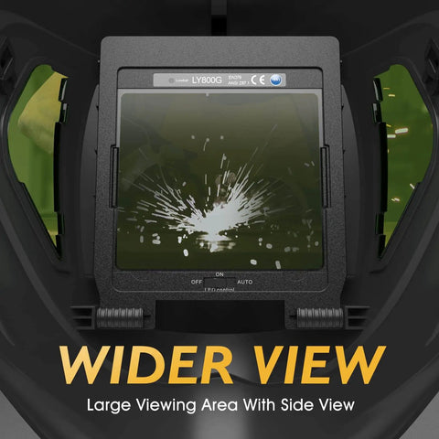 Auto Darkening Welding Helmet With Extra Large Viewing Area 4.31 By 3.81 Inches, showing wider view with side panels.