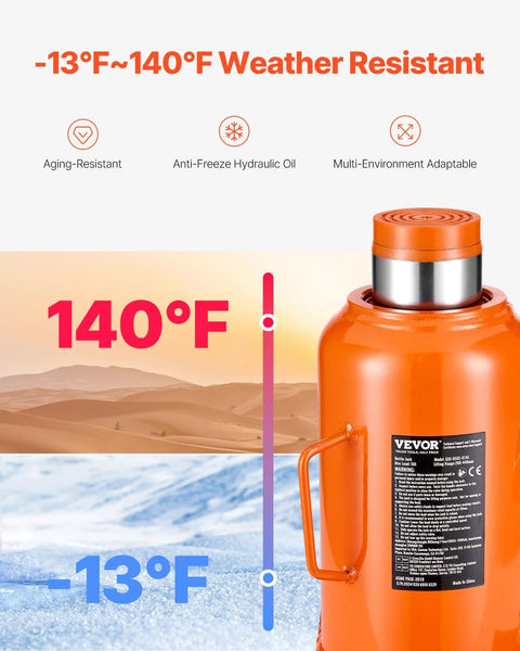 50 Ton Hydraulic Bottle Jack With 11 To 17 Inch Lift And 3 Section Handle, orange color, side view showing temperature range