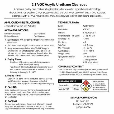 2.1 VOC acrylic urethane clearcoat application instructions and technical data chart