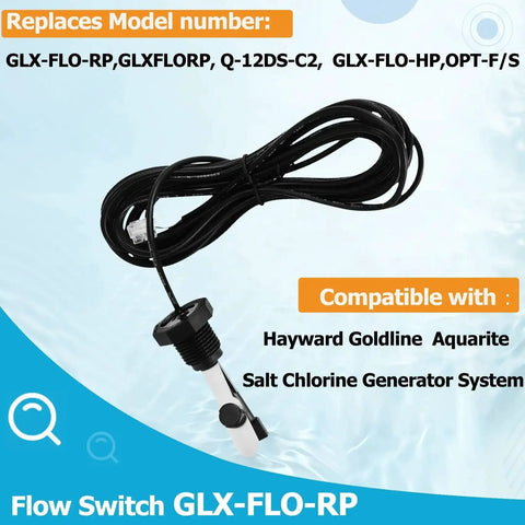 GLX-FLO-RP Flow Switch Assembly with 15-foot cable for Hayward Goldline Aquarite Salt Systems, shown on a pool background.