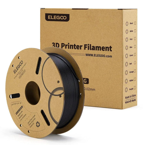 Black PLA Filament 1.75mm 1kg Spool For 3D Printing 0.02mm Tolerance next to packaging box