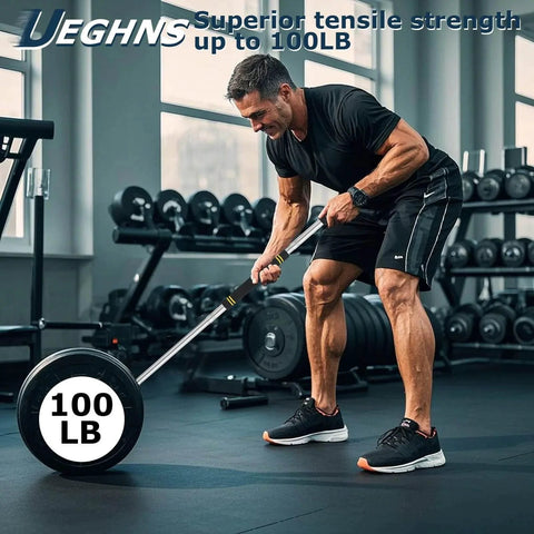 Man in gym lifting a barbell with 100 lb weight, showcasing the telescopic truck bed cargo grabber's tensile strength.