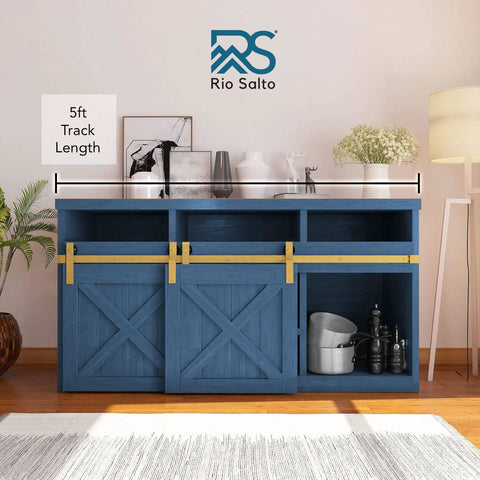 Brushed Gold 2 Door 60 Inch Mini Bypass Barn Door Hardware Kit installed on blue cabinet with visible 5ft track.