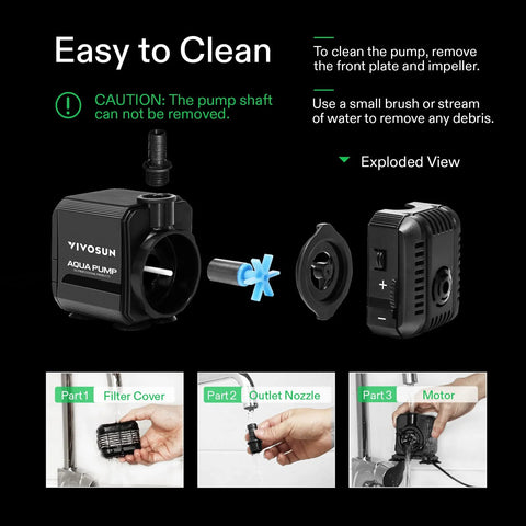 VIVOSUN 210GPH submersible water pump exploded view with three parts: filter cover, outlet nozzle, motor; black