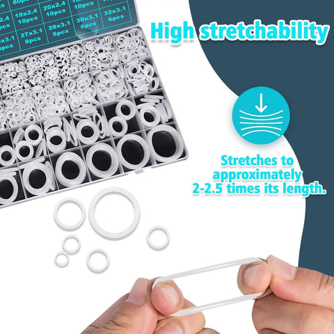 Silicone O Rings Kit 1228 Pcs 32 Sizes With Pick And Hook White Heat Resistant VMQ Seals shown with stretchability demonstration