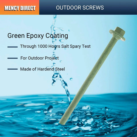 Pack Of 50 14 By 8 Inch Heavy Duty Wood Screws With Green Hex Head For Timber And Landscaping Projects Built Tough, Rust Resistant And Salt Spray Tested, Includes Hex Socket Drive Bit For Easy Installation