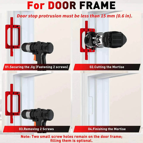 Pro Grade 6061 Aluminum Door Hinge Template Kit For Router And Jamb installation steps on door frame with drill and router.