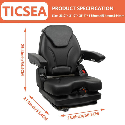 Front view of highback suspension tractor seat with adjustable back fold down armrests, dimensions 25.4 x 21 x 23 inches