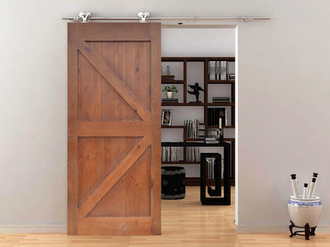 Apex Stainless Steel Sliding Barn Door Hardware Kit 8 Foot Track Double Door Kit With Top Mount Rollers in modern home