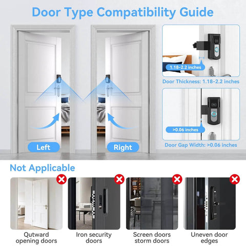 Compatibility guide for doorbell mount showing suitable door types and measurements for Ring and Blink video doorbells, not applicable doors.