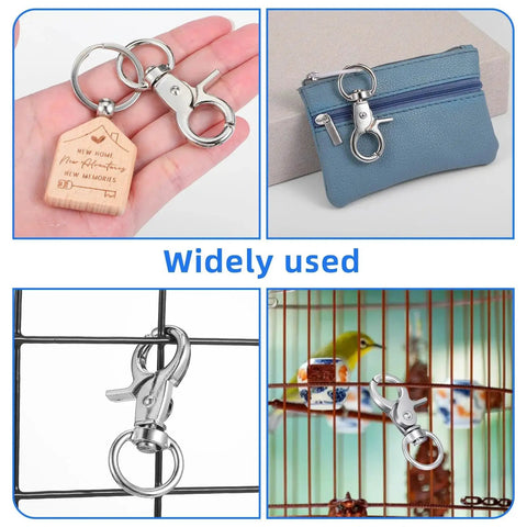 Collage showing 30 Piece Heavy Duty Trigger Snap Hooks Swivel Metal Clasps For Pet Cages used in different scenarios.