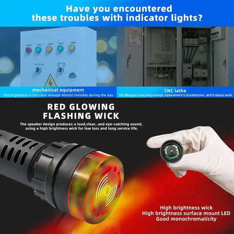 24V Red LED Flashing Buzzer Kit Ten Pack For Electrical Control Panels showing red glow and components