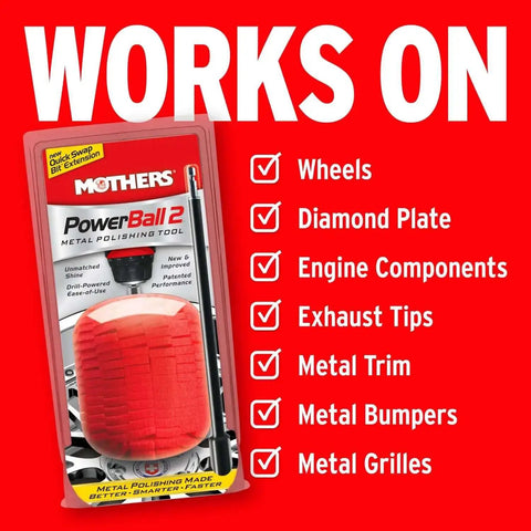 PowerBall 2 Polishing Tool packaging, showing red tool and 10 inch bit for wheels and tight areas with listed uses.
