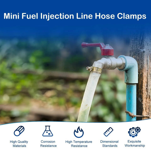 Outdoor water faucet with hose attached using 32 Piece Mini Fuel Line Clamps Set For 1/8 Inch Inner Diameter Fuel Injection Hose Adjustable 5/16 To 13/32 Inch Diameter Zinc Plated Gas Line Clips For Diesel Petrol Automotive Truck, illustrating high quality materials and resistance features against corrosion and temperature.