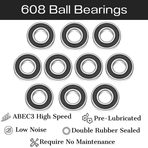 608 2RS Double Rubber Sealed Ball Bearings Set 50 Pack 8x22x7mm Deep Groove showing ten chrome steel bearings with seals visible.