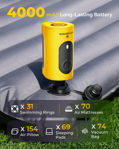 Front view of yellow portable air pump with black control panel and 3 nozzle adapters for inflating sleeping pads and pool floats